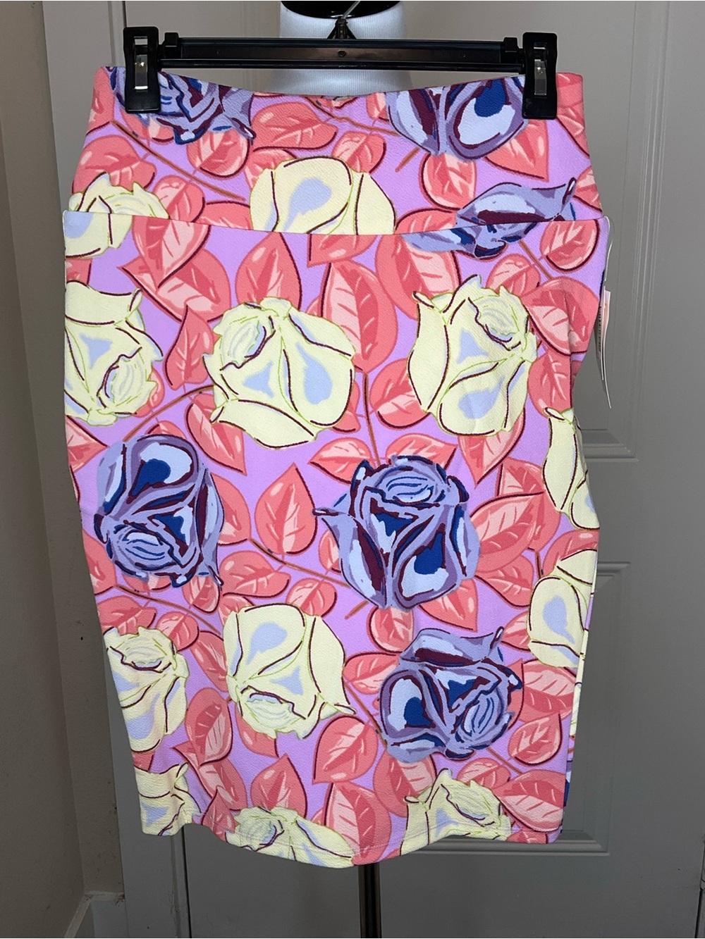 LuLaRoe Cassie Pink Floral Pencil Skirt with Yellow and Blue Roses S